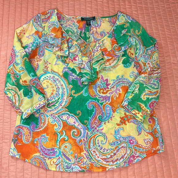 Lauren Ralph Lauren Bright Ruffled Paisley Blouse, size Medium Petite - Picture 11 of 13